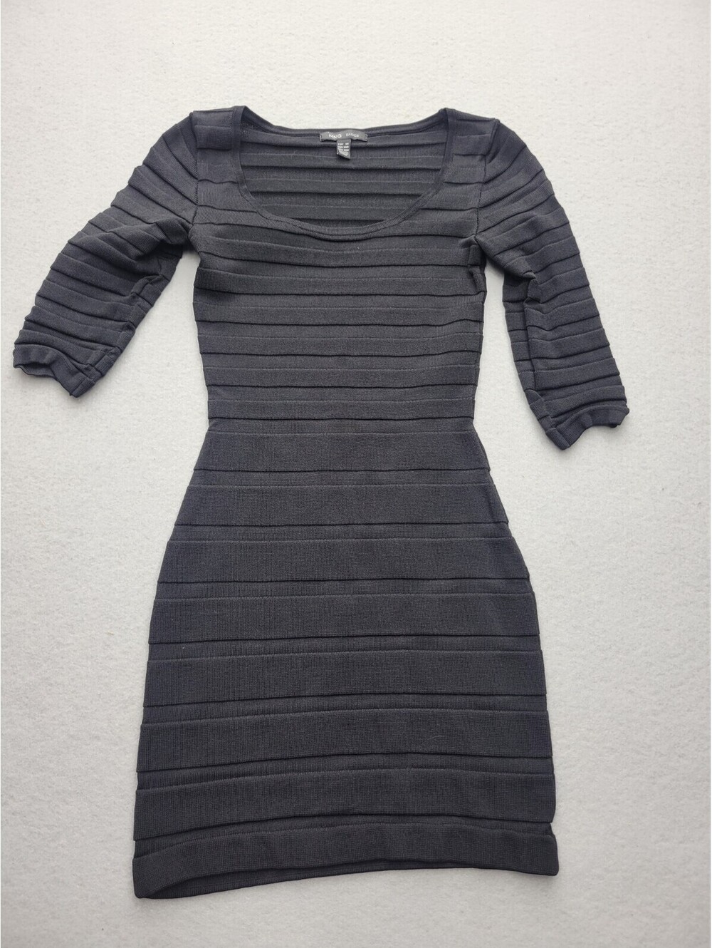 MNG Basics Women's Dress XXS Black Pencil Micro 3/4 Sleeve Ribbed Casual Party